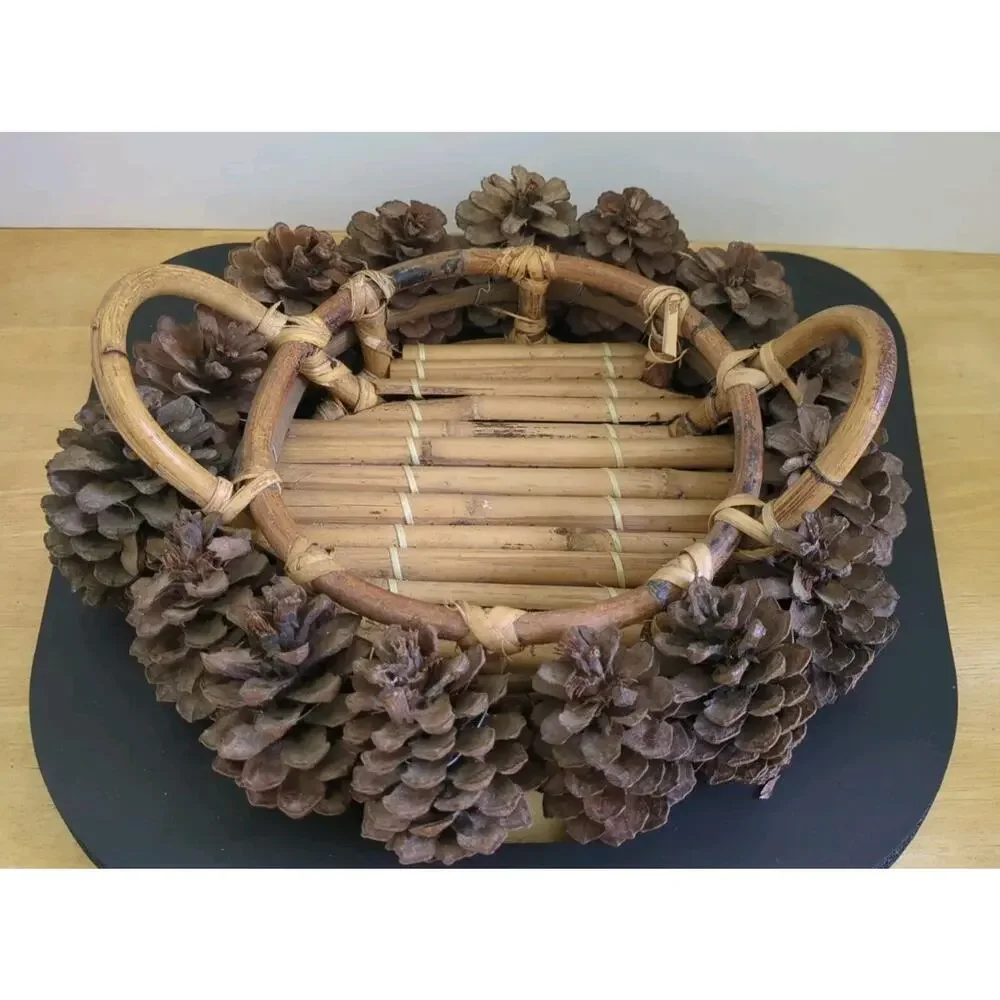 Round Bamboo Basket With Pine Cones And Handles 12 Inches Made In Philippines